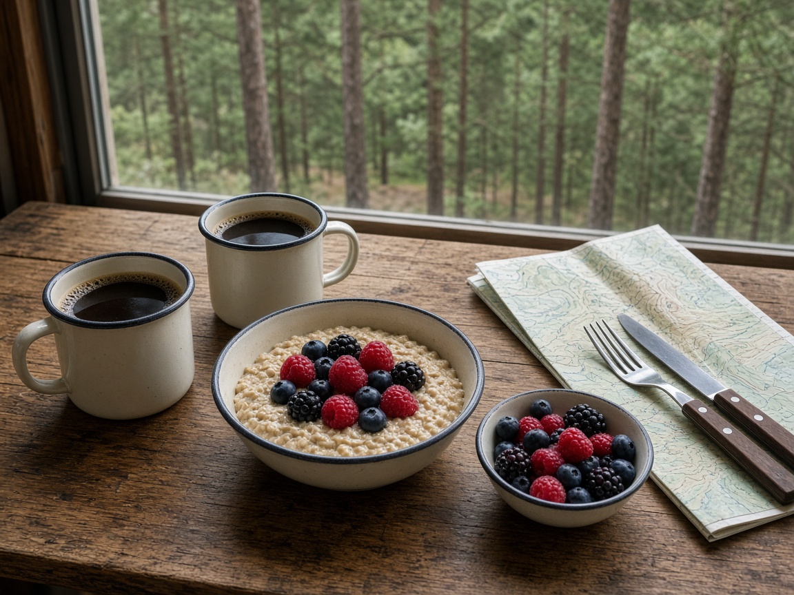 Trail breakfast with coffee and porridge on a lodge table