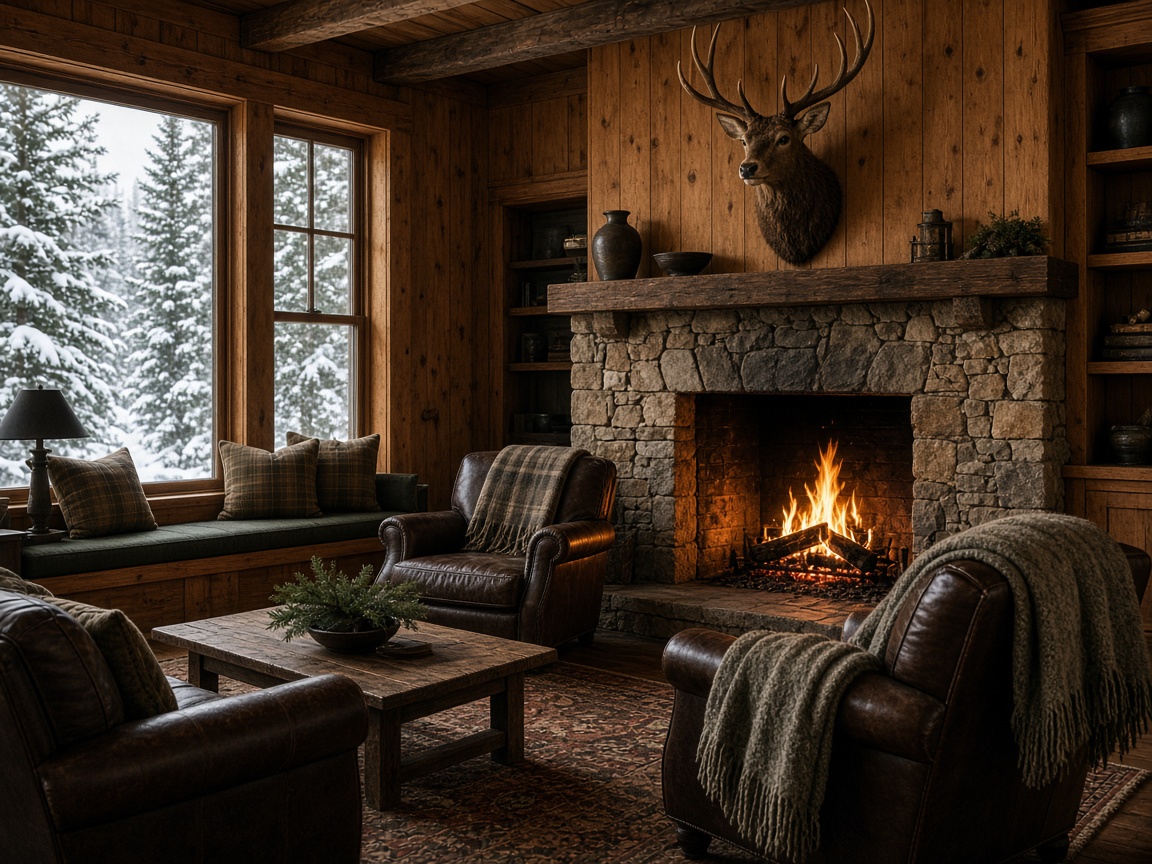 Stone fireplace in a mountain lodge lounge