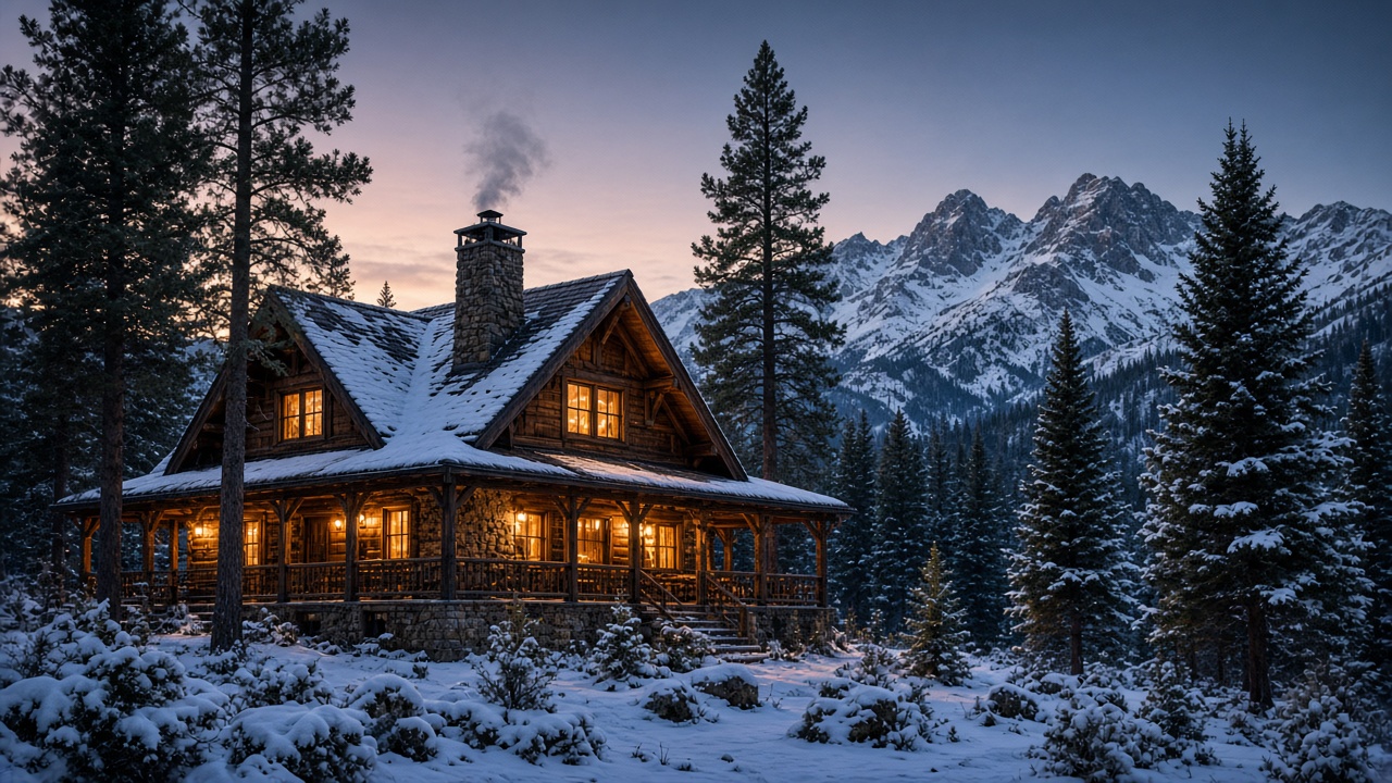 Timber mountain lodge in snow at dusk