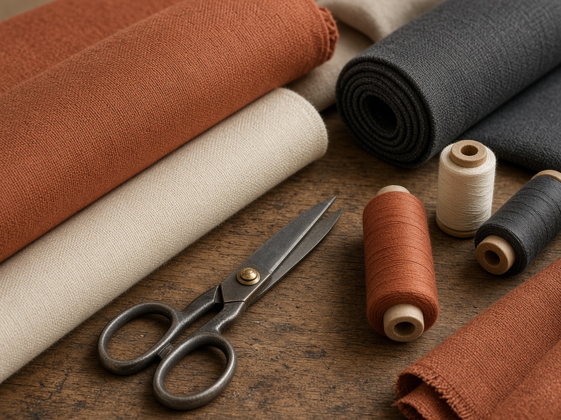 Fabric rolls and thread spools on a wooden table