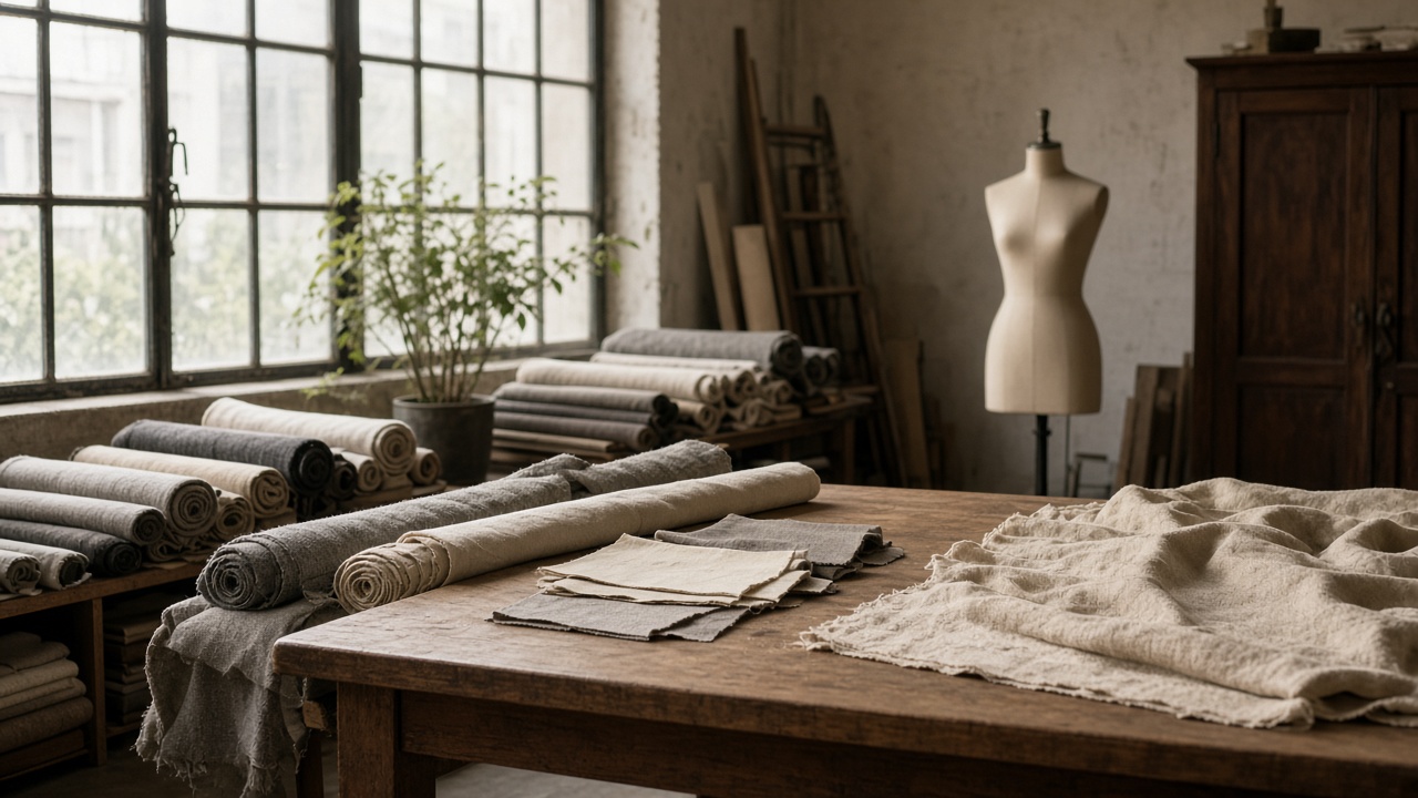 Fashion atelier with fabric rolls and a cutting table