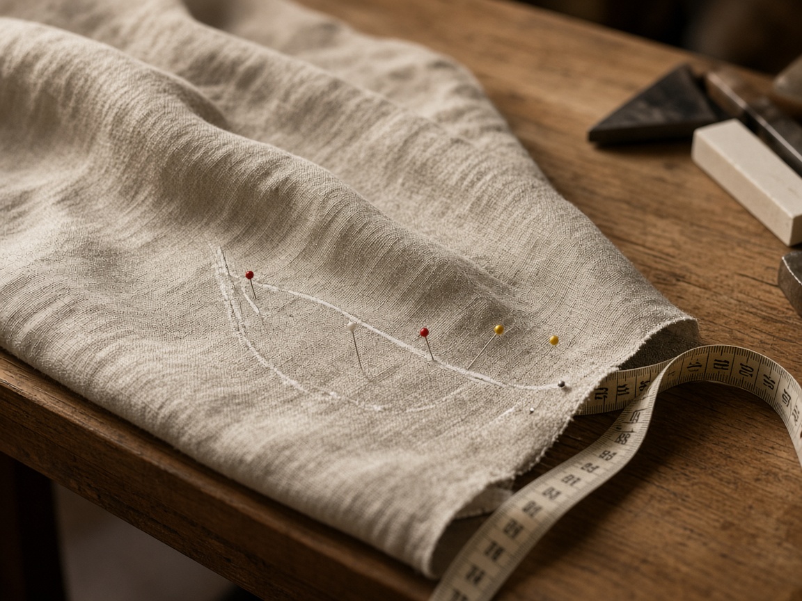 Linen garment with pins and chalk on a cutting table