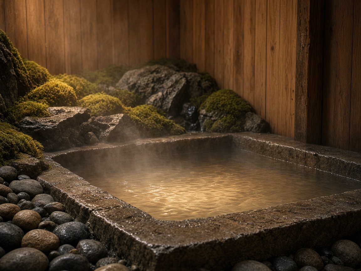 Stone bath with moss and warm water