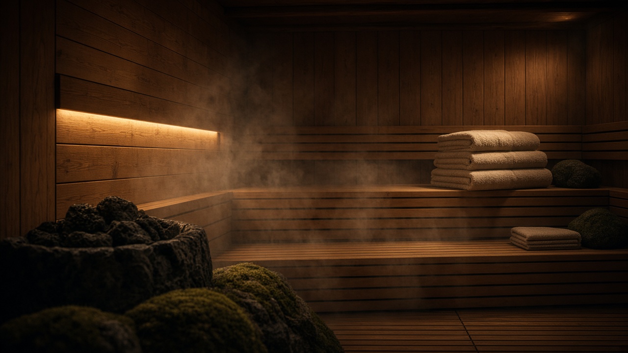 Warm cedar spa room with steam and linen towels