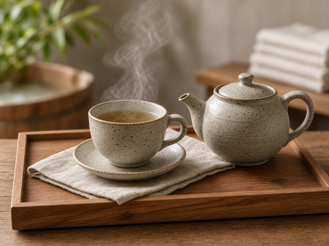 Ceramic tea set on a cedar tray