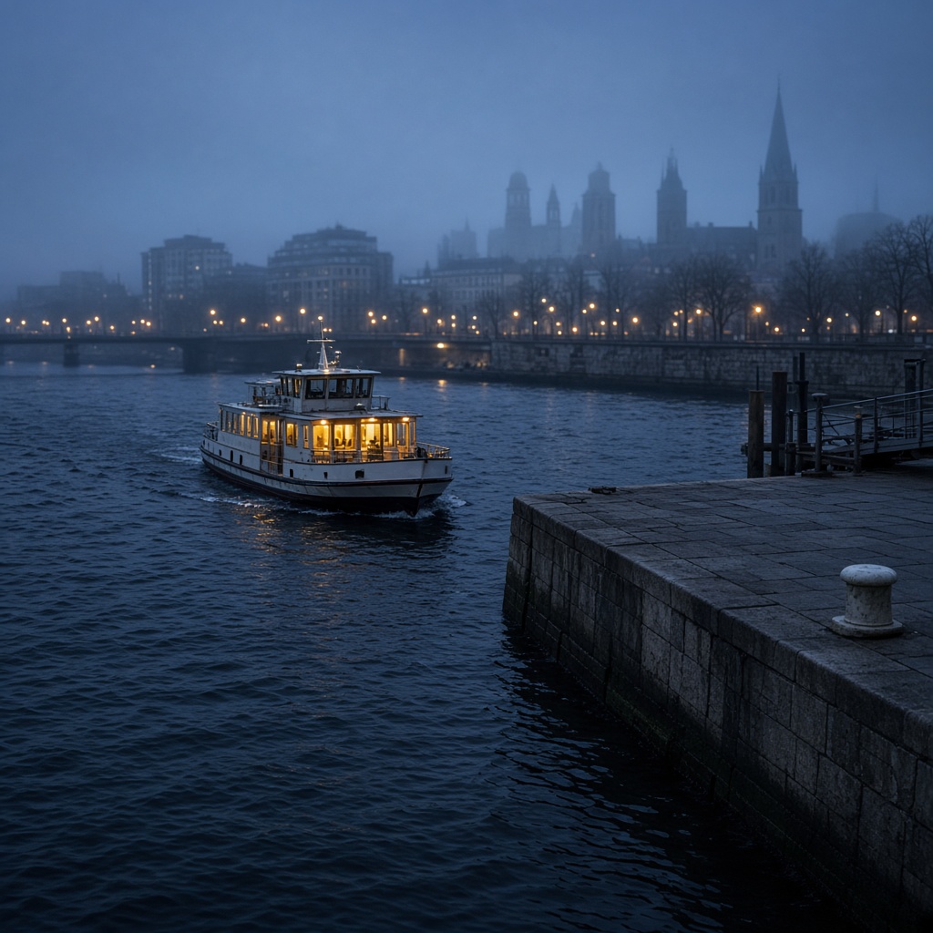 River ferry approaching a city dock at dusk