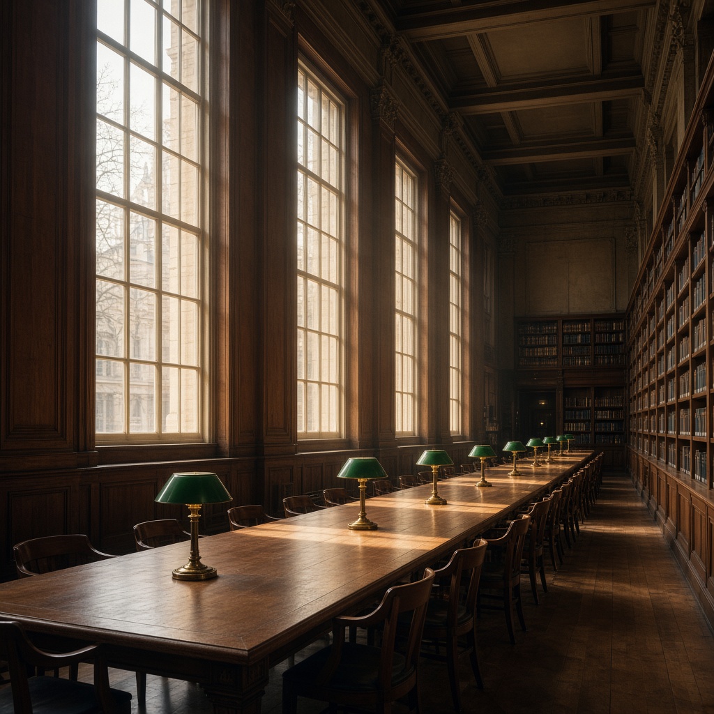 Public library reading room with long tables and lamps
