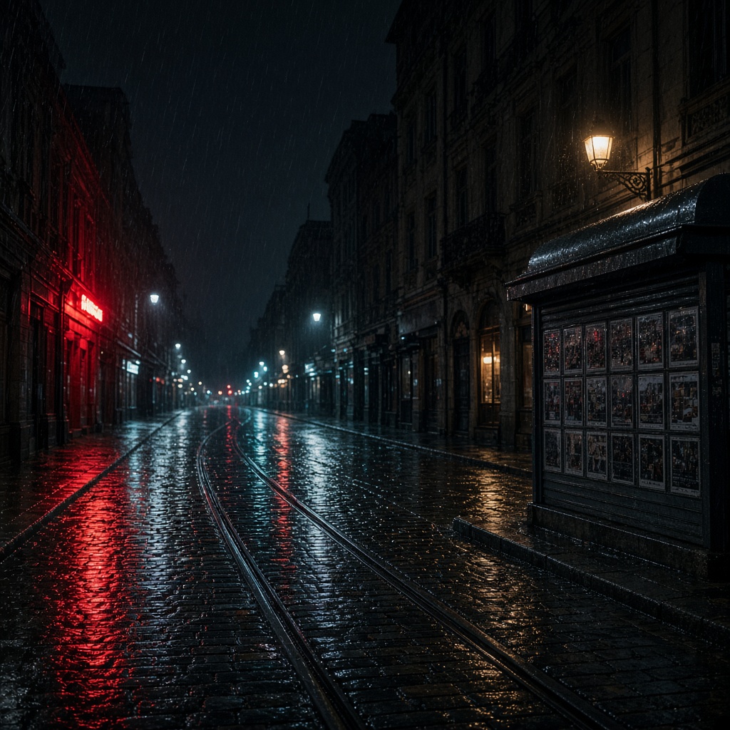 Wet city street at night with rain on cobblestones