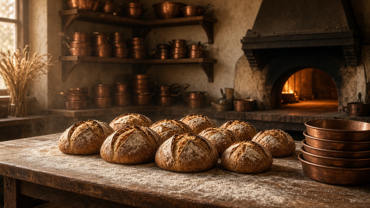 Artisan bakery with copper pans and sourdough on a workbench