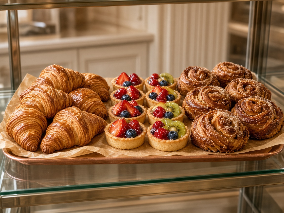 Bakery pastry case with croissants and fruit tarts