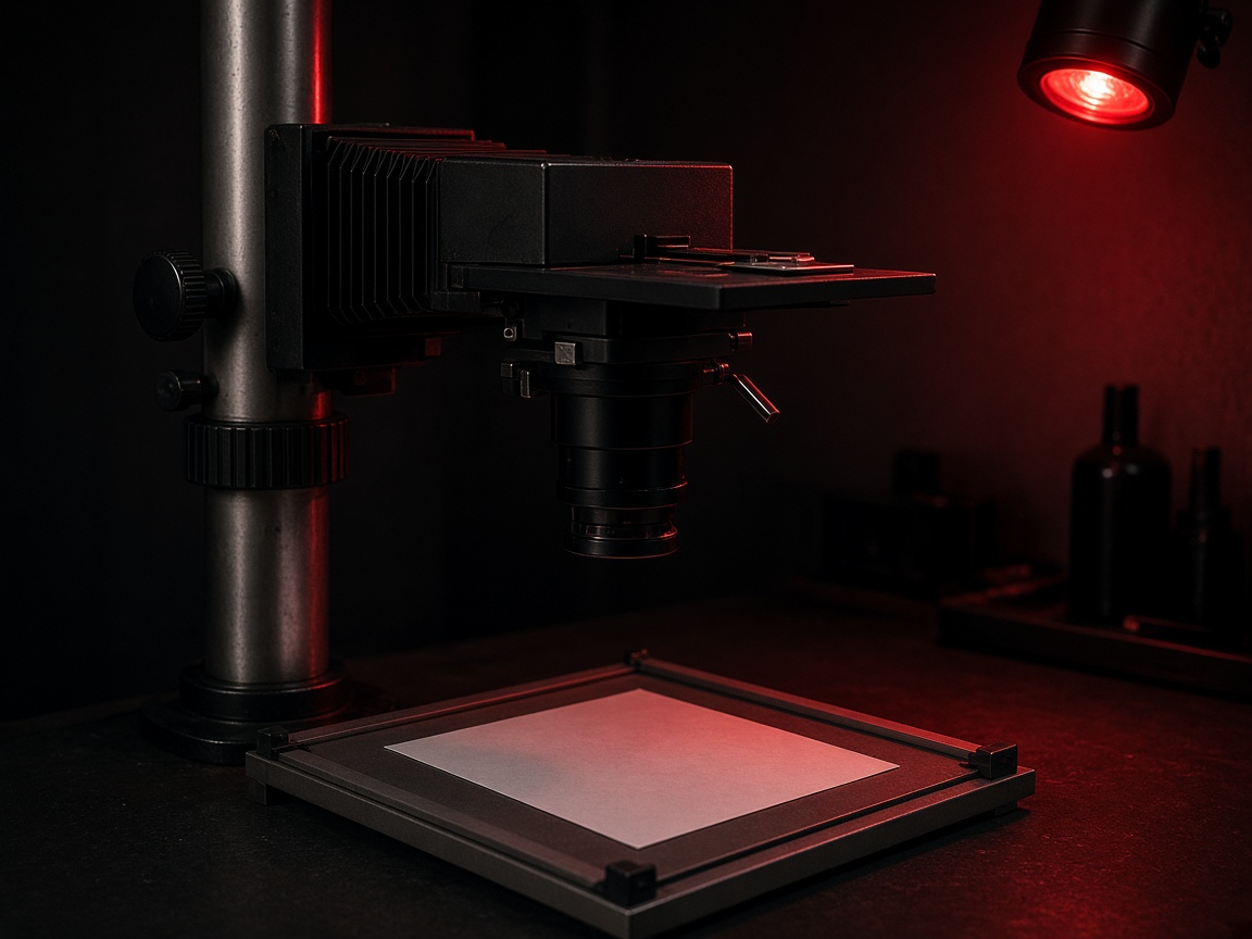 Photographic enlarger over a sheet of paper
