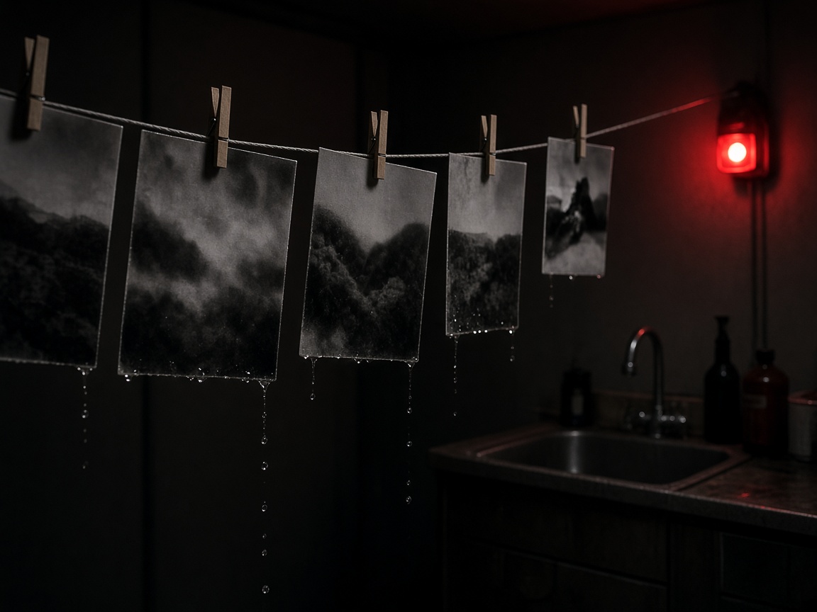 Black and white prints hanging to dry in a darkroom