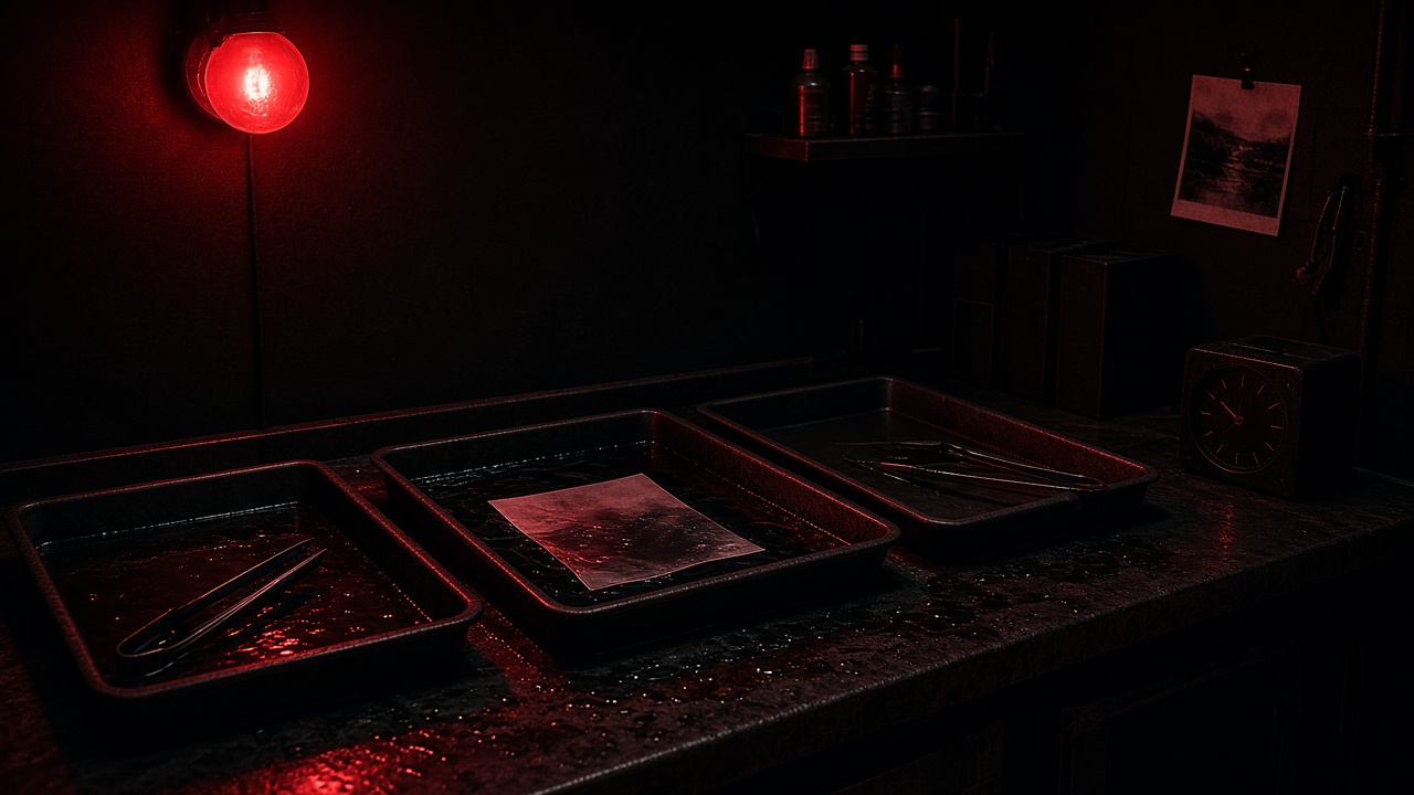 Chemical trays under a red darkroom safelight