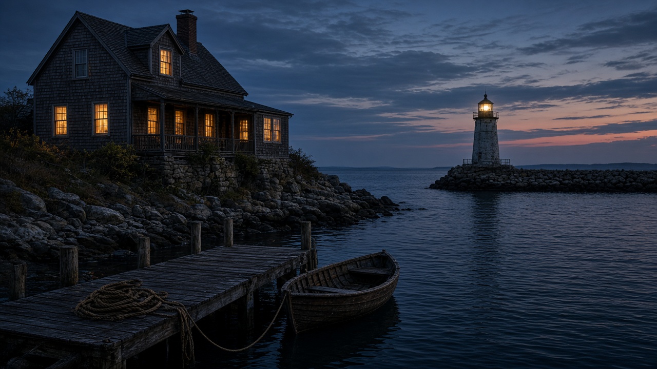 Coastal inn and lighthouse above a rocky harbor at dusk