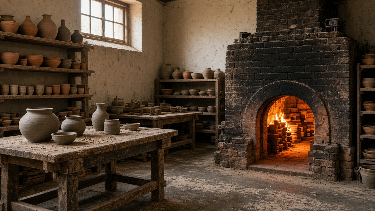 Pottery studio with a glowing brick kiln and clay vessels