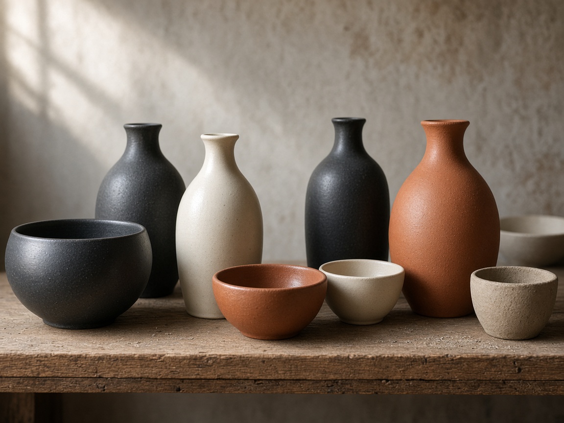 Glazed ceramic bowls and vases on a studio shelf