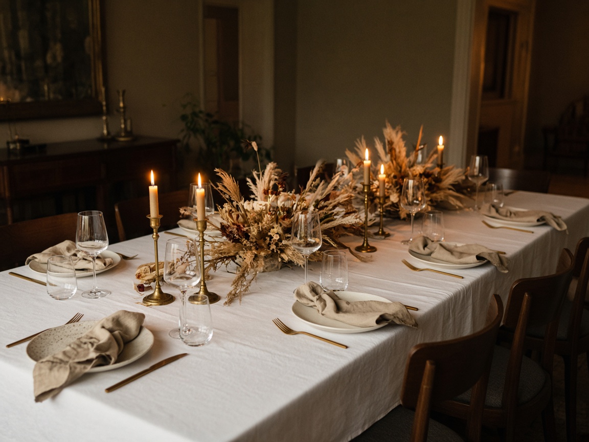 Long dining table set with linen, candles, and plates