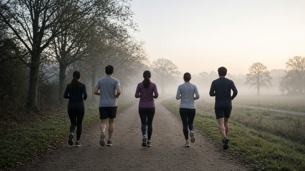 Running club on a misty dawn path