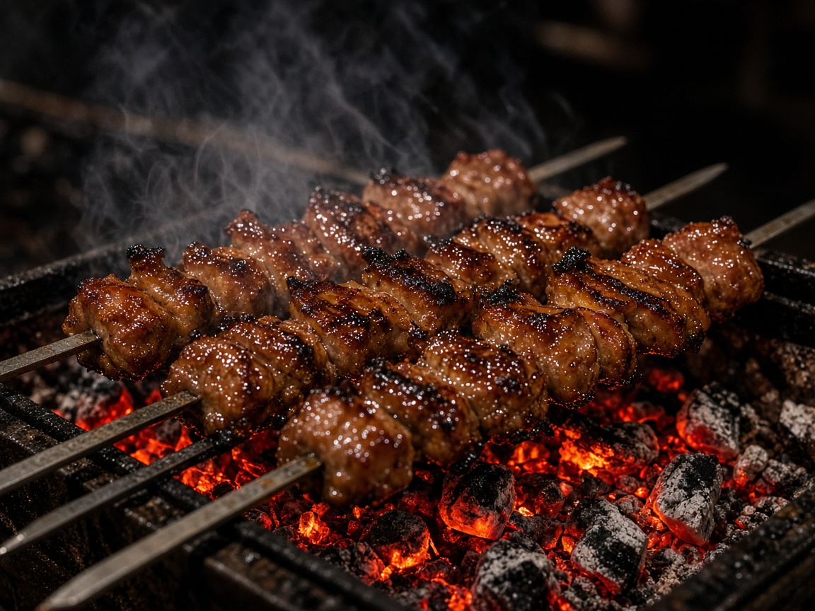 Charcoal grilled skewers on a night market grill