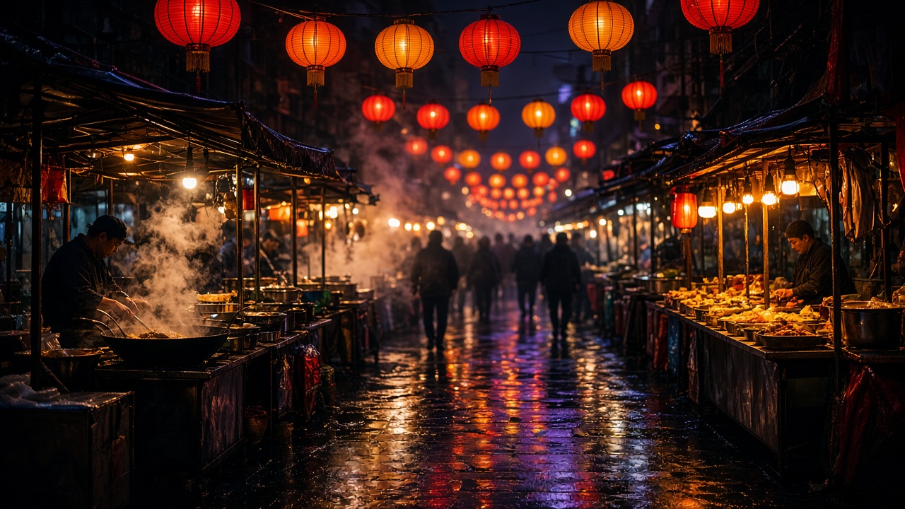 Paper lanterns over a night market street