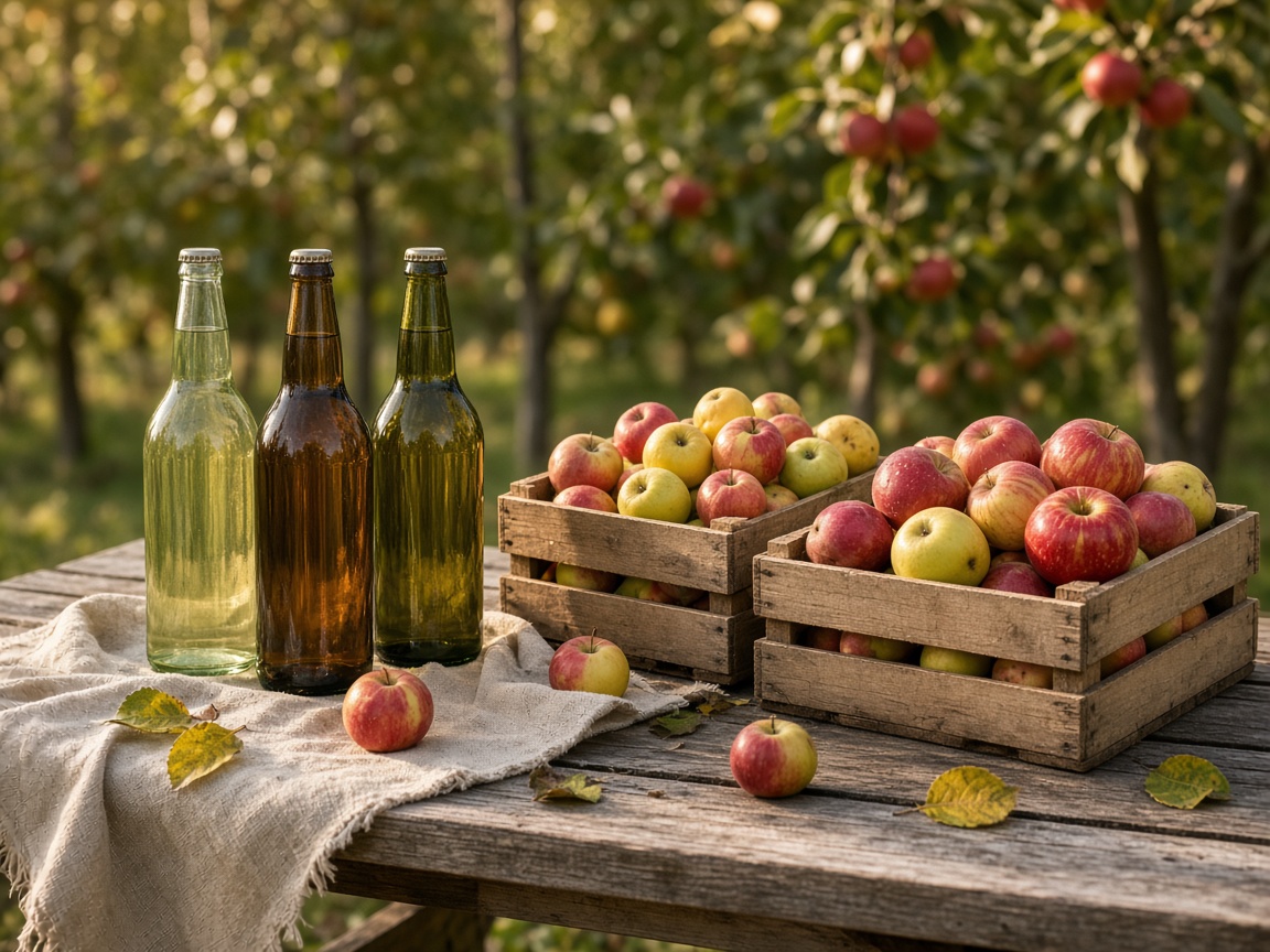 Glass cider bottles and crates of apples