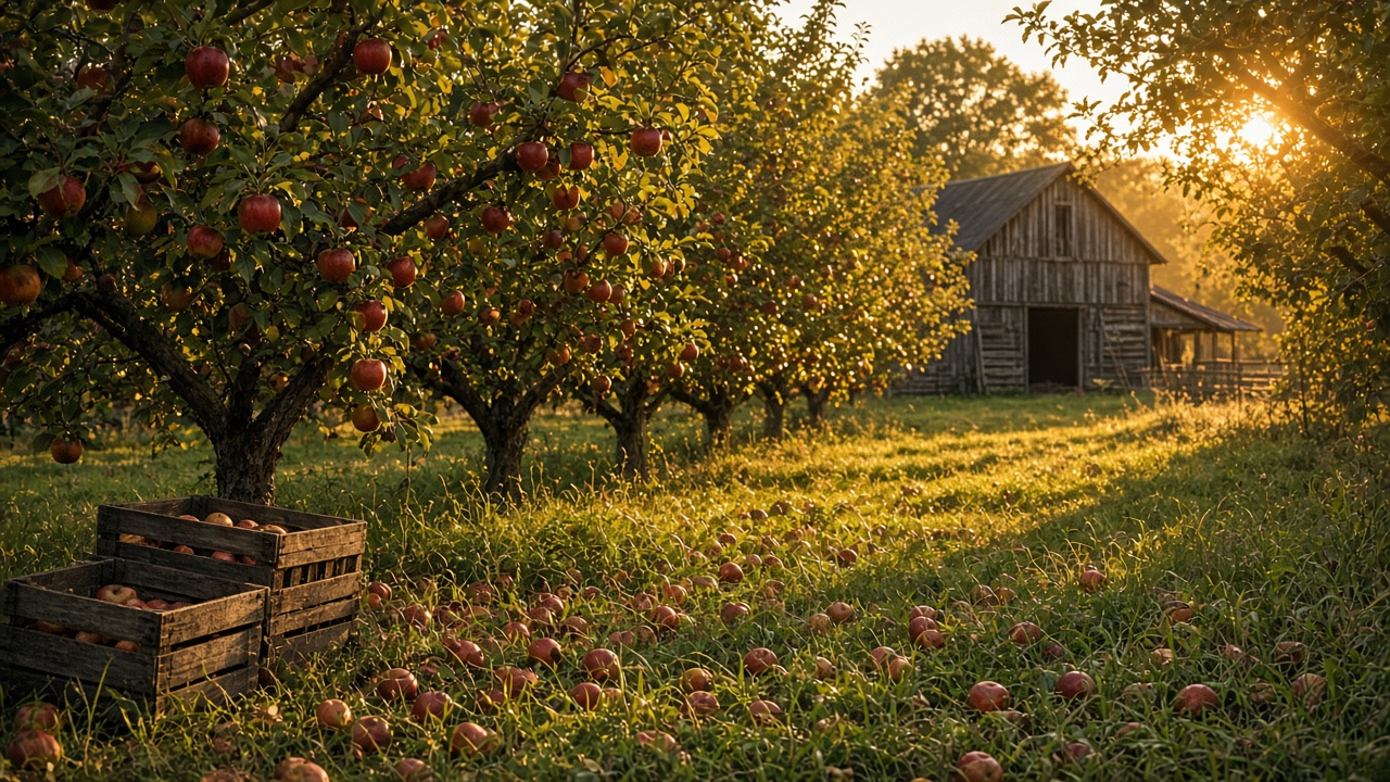 Apple orchard rows in late afternoon light