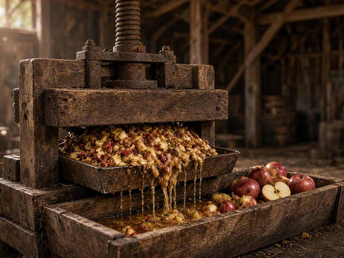 Wooden cider press with crushed apples