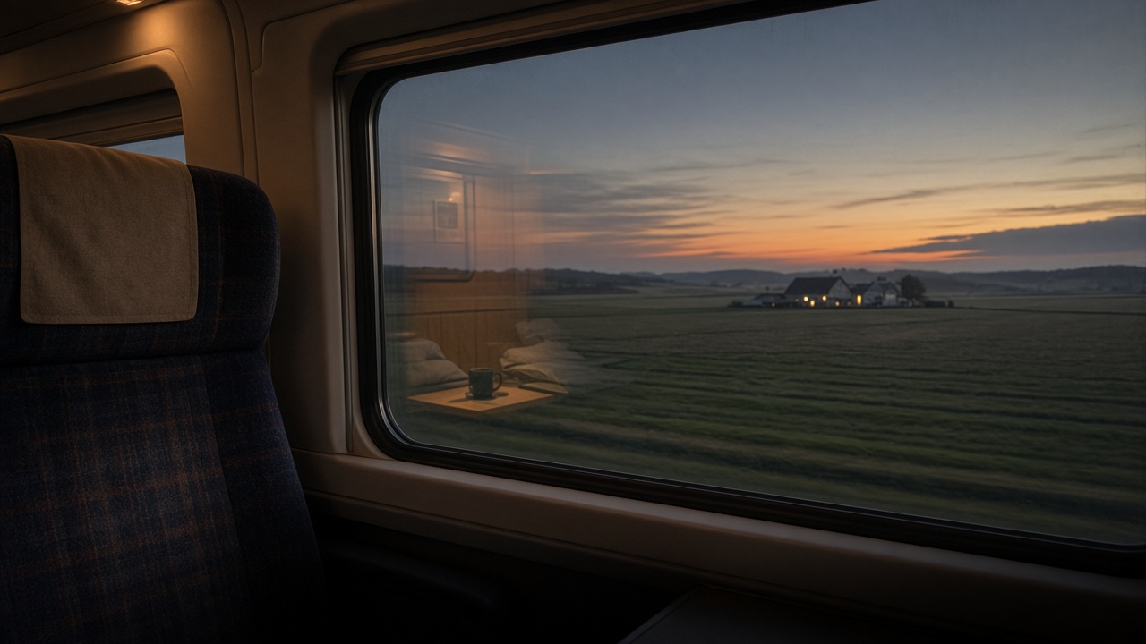 Dusk countryside seen from a moving train window