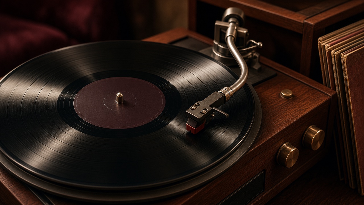 Vintage turntable playing a vinyl record
